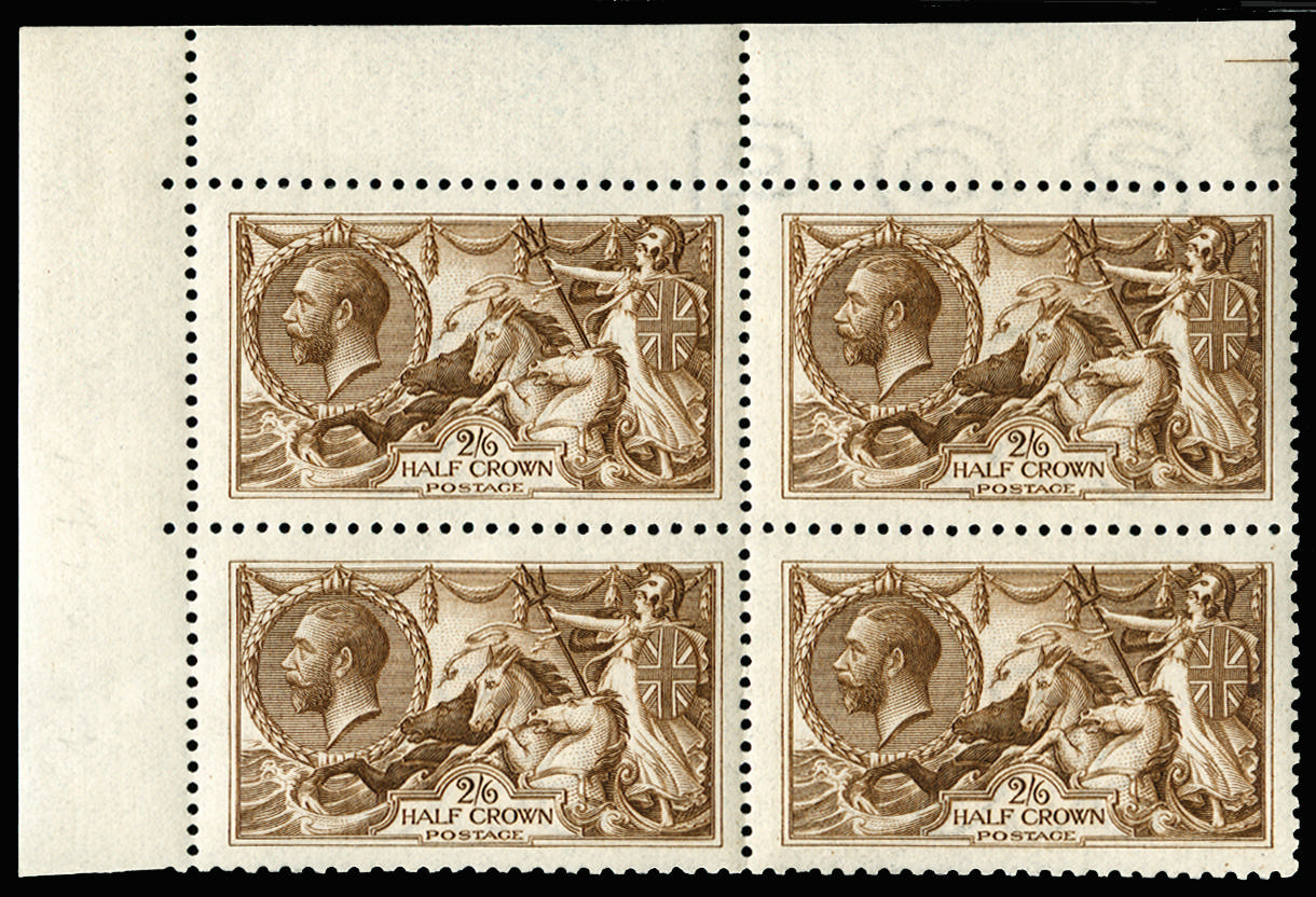 Great Britain 1915 2s6d Deep yellow brown. Pristine unmounted o.g. top left hand corner block of four printed by D…