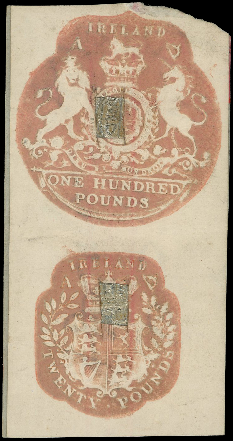 Ireland £100 + £20 embossed franking on piece