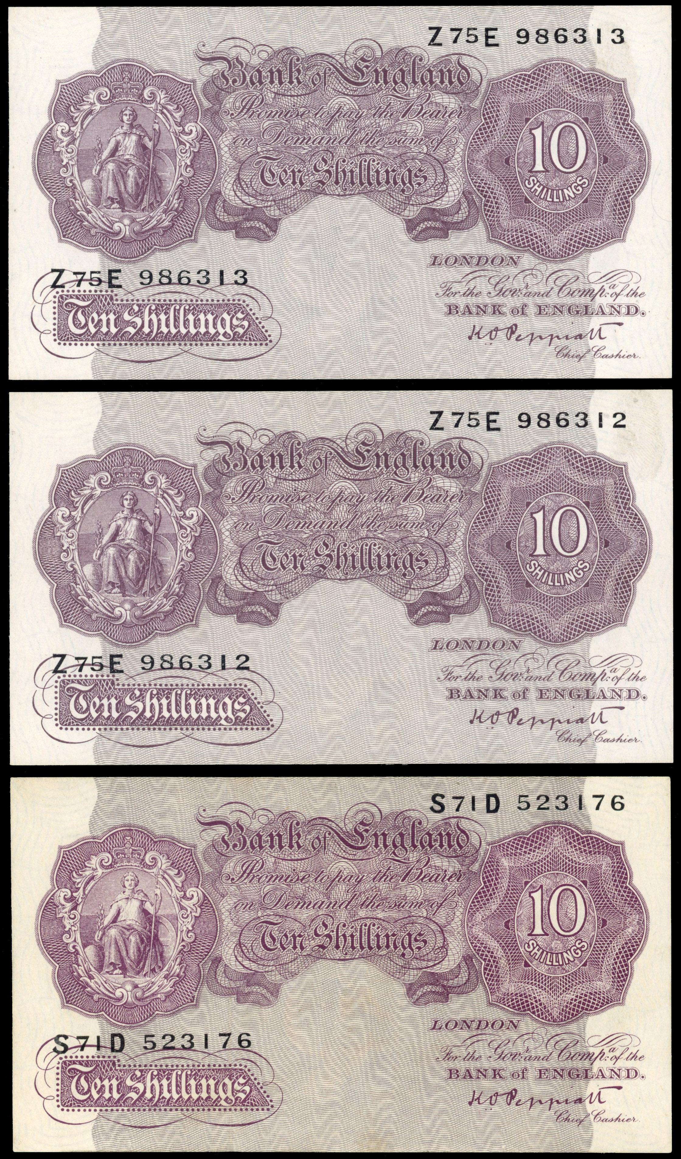 Bank of England, K O Peppiatt, Emergency Issue mauve Ten Shillings, Apr. 1940, Z75E 986312, 986313 (consecutiv…