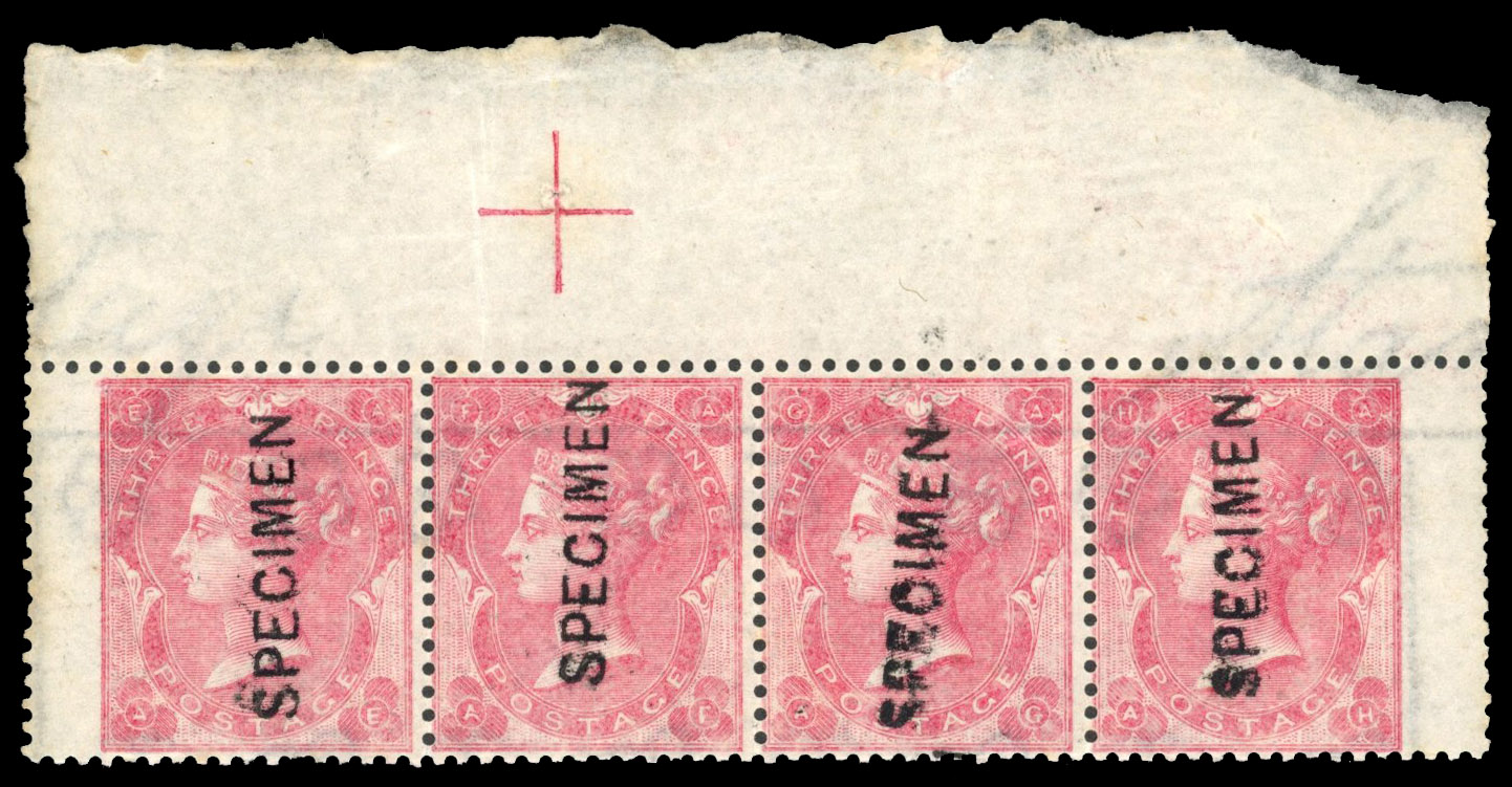 SG Spec J25As 1861 unissued 3d rose Plate 2, State I strip of Specimens