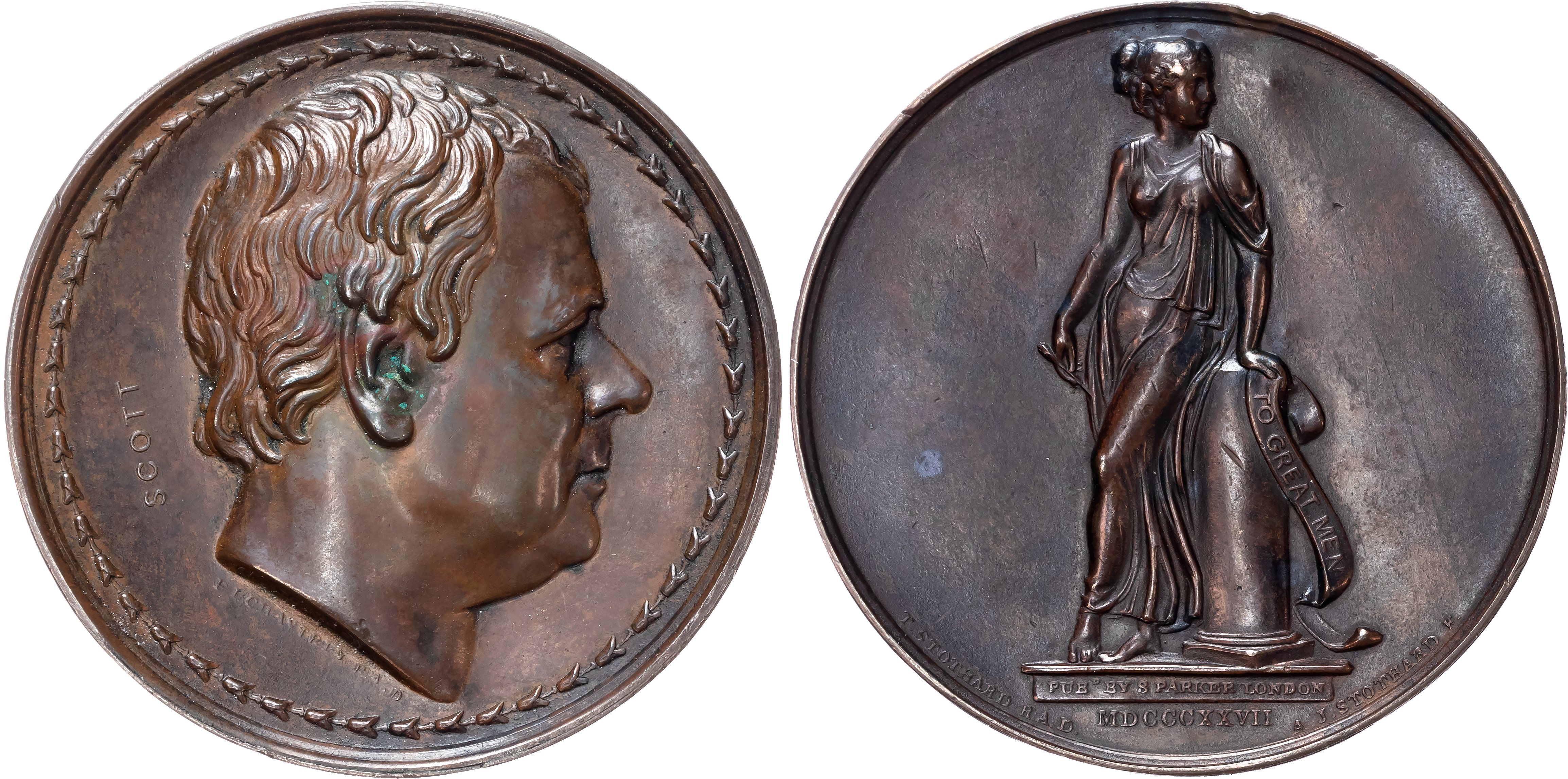 Sir Walter Scott, copper medal (62mm/122.57gm), 1827, by A. J. Stothard for S. Parker. 