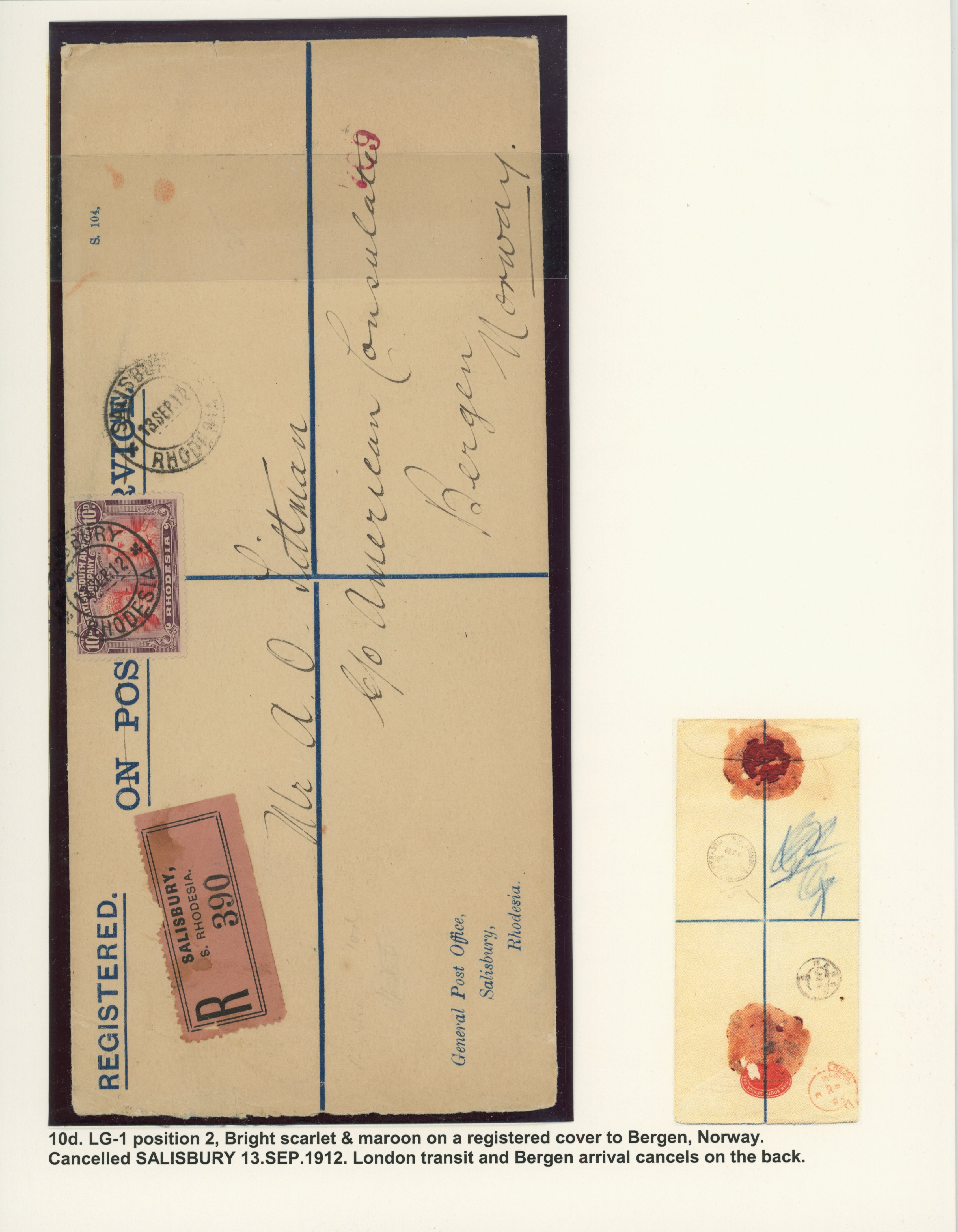 10d bright scarlet and maroon with position 2 Gash in Ear, used on registered envelope to Norway
