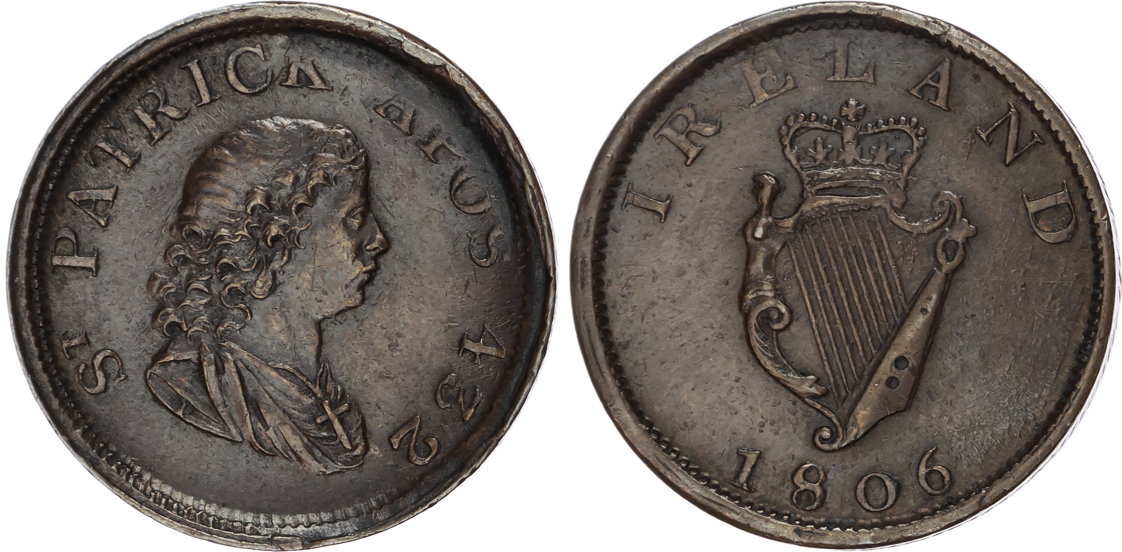 IRISH, NON LOCAL General Circulation Halfpenny 1806, Draped bust of St. Patick right rev. Crowned Irish harp, …