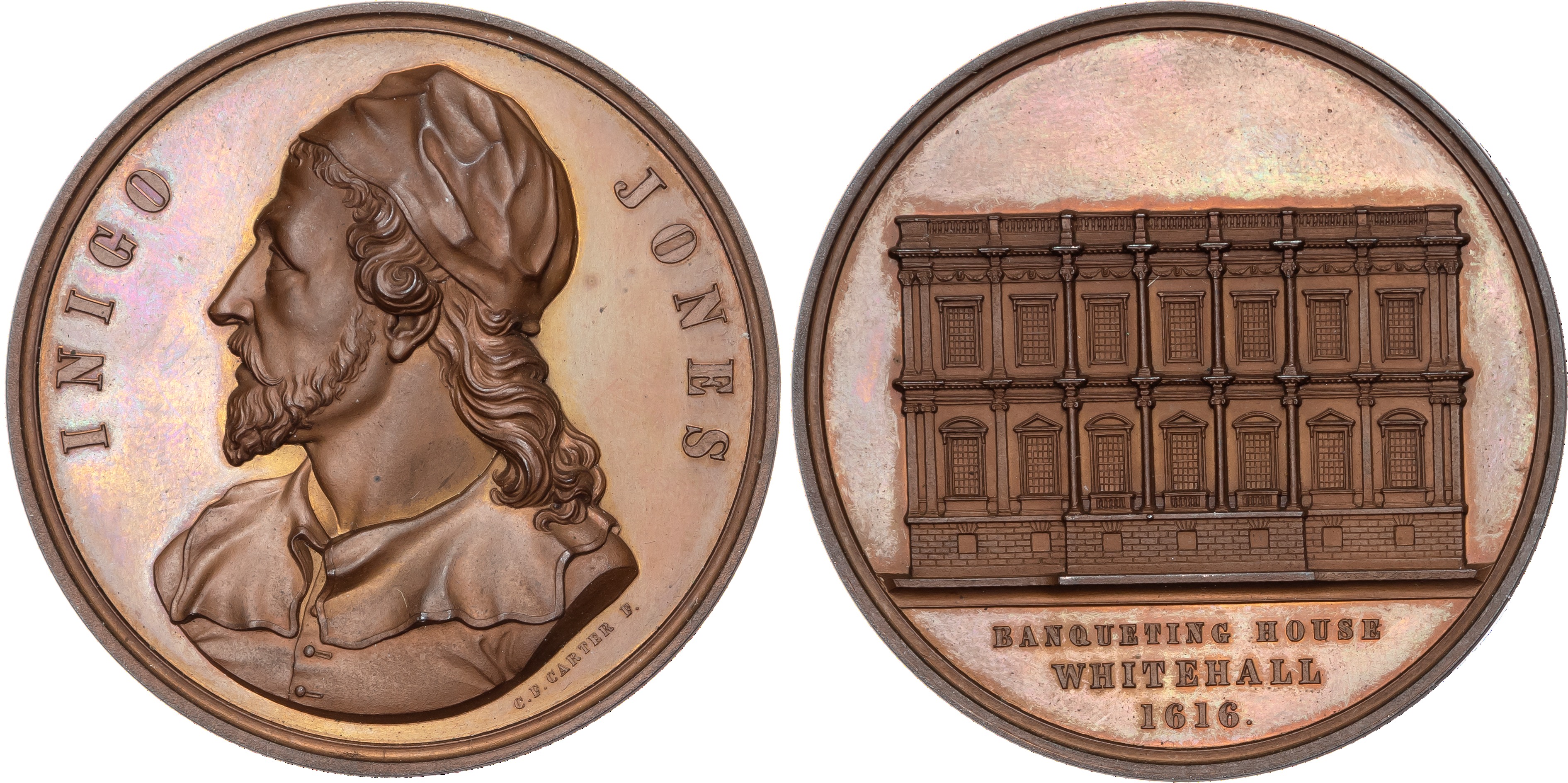 Inigo Jones (1573 ‑ 1652), architect, bronze medal (54mm/84.57gm) 1849 by C. F. Carter for the Art Union of London Series.