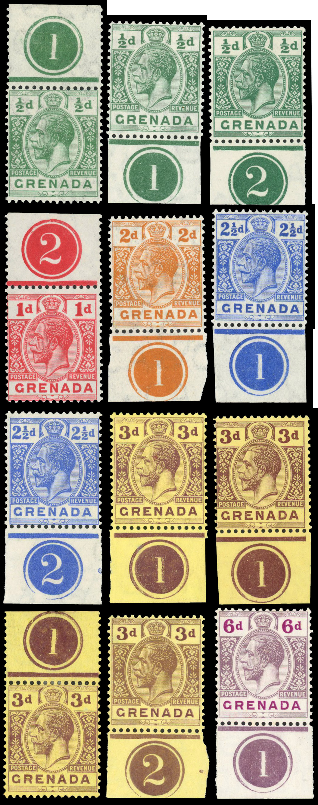 Grenada 1913-22 ½d to 10s range of plate number singles
