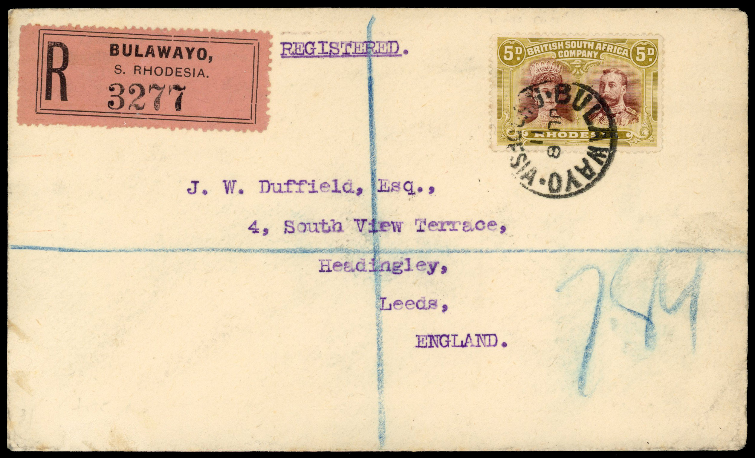 Rhodesia 1911 registered cover from Bulawayo to England
