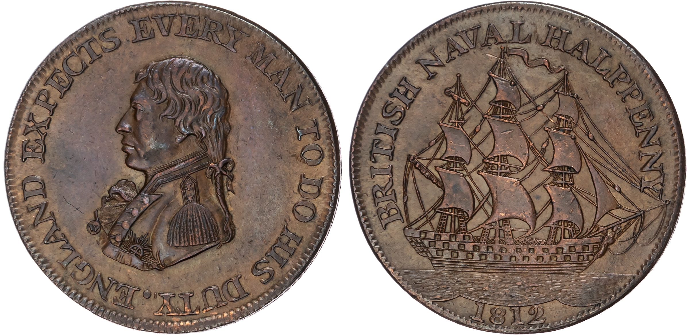 General Circulation, Naval Halfpenny 1812, Uniformed bust of Nelson left, rev. Man of War sailing right, edge …