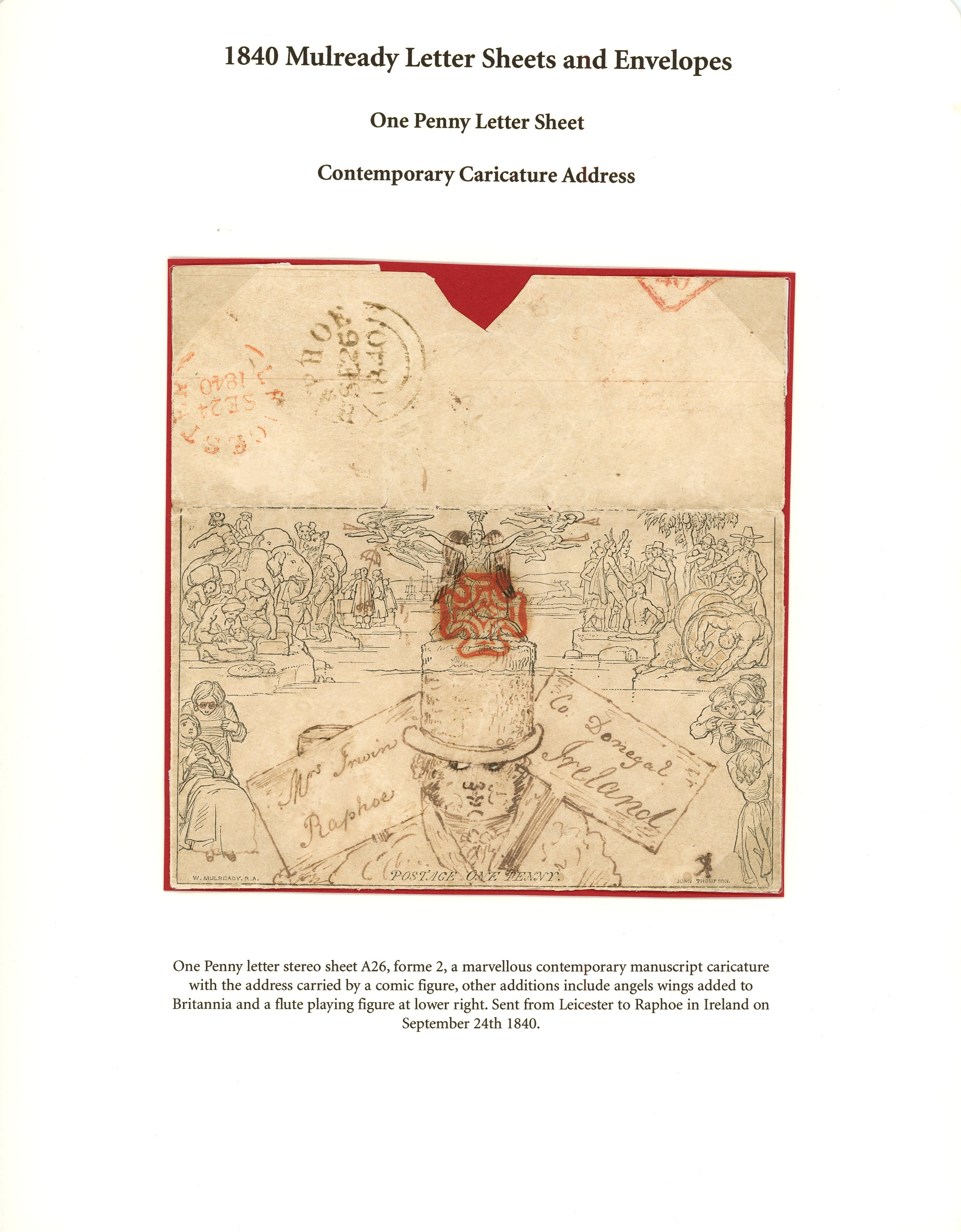 1840 1d black Mulready letter sheet, stereo A26, forme 2, with additional contemporary caricature bearing...