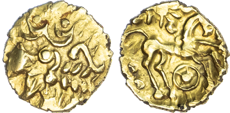 Atrebates & Regini, Early Uninscribed (c. 60‑20 BC) AV Quarter Stater, ‘Selsley Sahlia, no mane’ type (Atrebatic B), 1.30g.