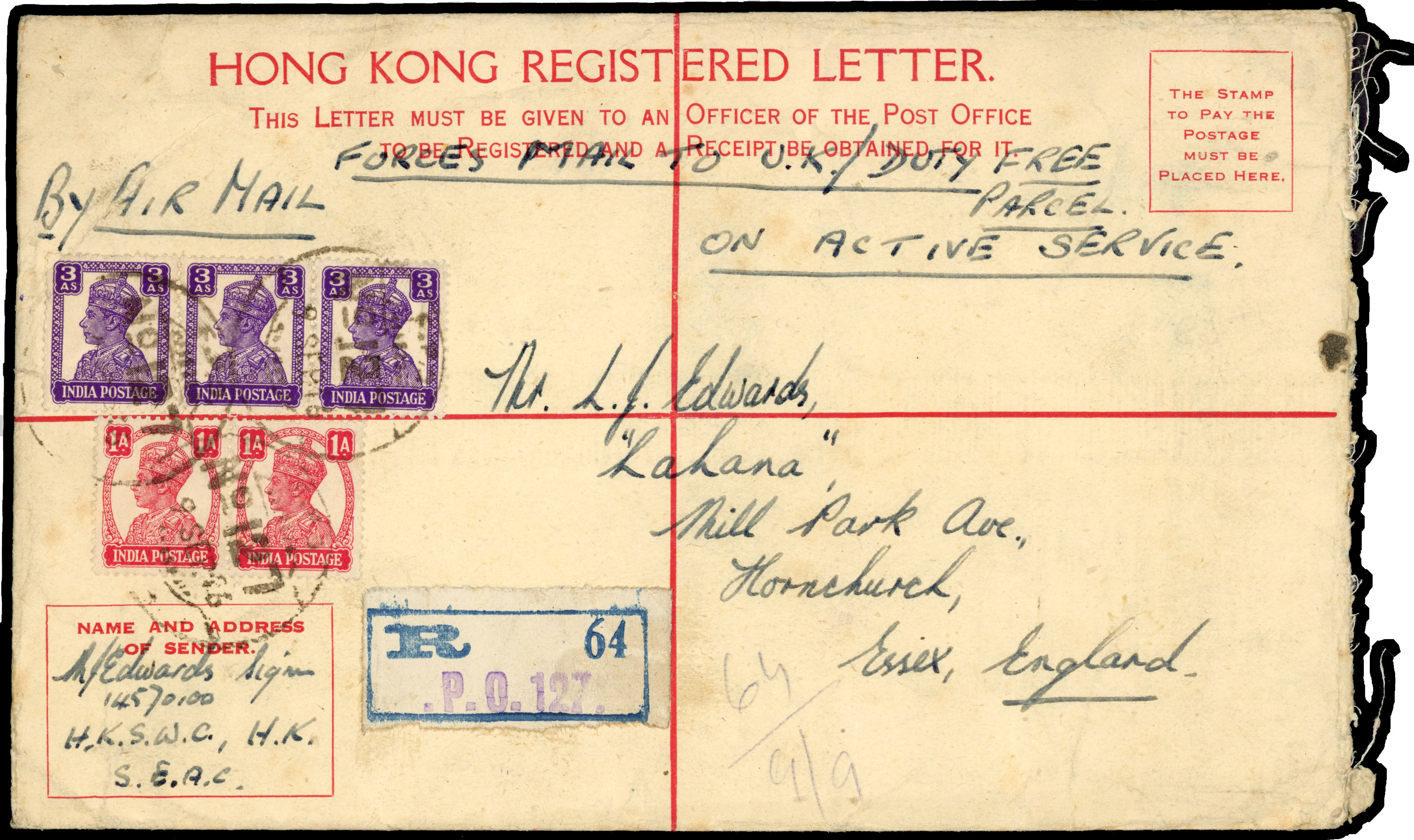 Hong Kong 1946 Registered envelope with added India stamps