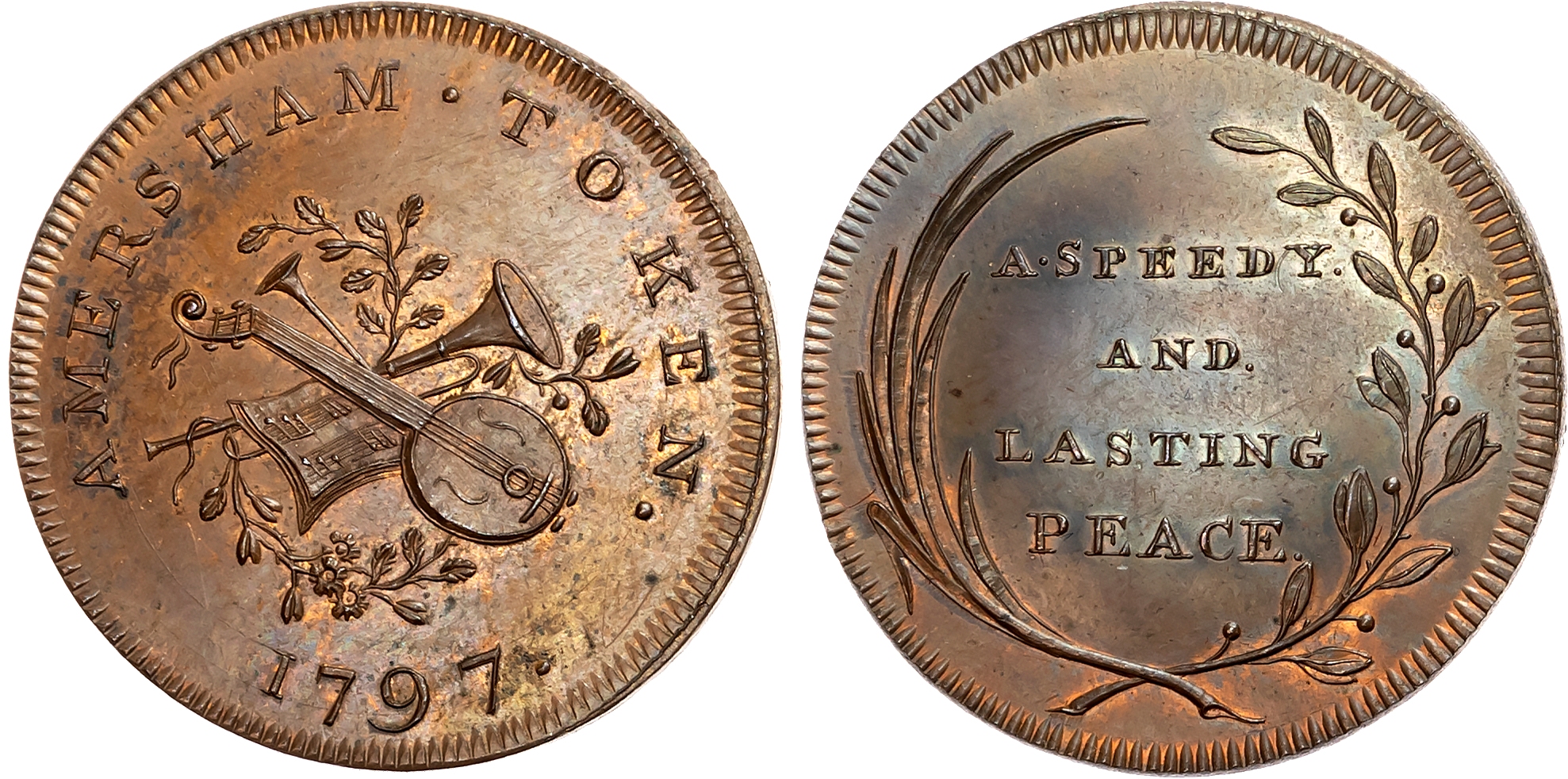 Bucks. Amersham , Skidmore Halfpenny 1797, Musical instruments, rev. A SPEEDY AND LASTING PEACE, edge plain, 28.7mm/9.2 …