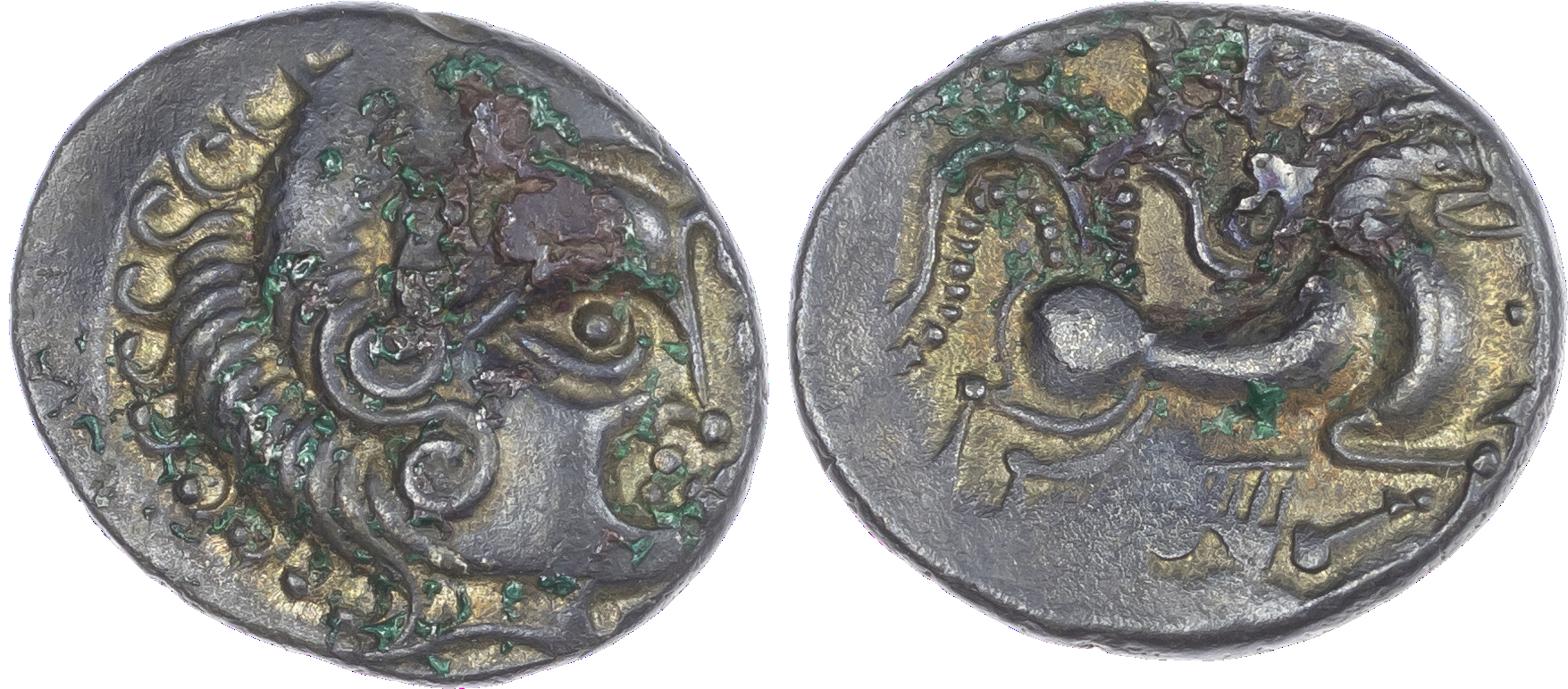 North West Gaul, Coriosolites (c. 100-50 BC) BI Stater, 6.47g. Stylised male head right, hair of large spiral curls. Rev.