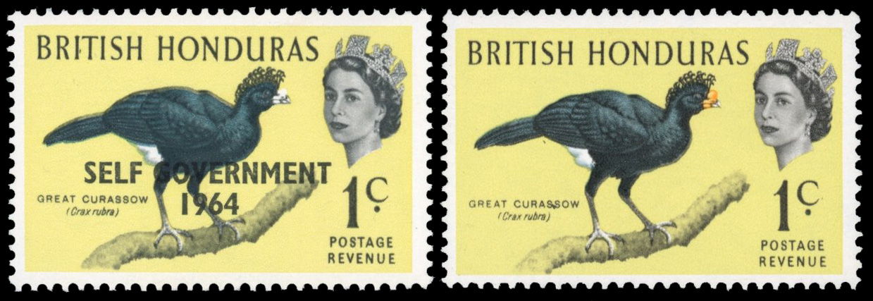 British Honduras 1964 Self Government 1c missing orange-yellow (beak) large part o.g.