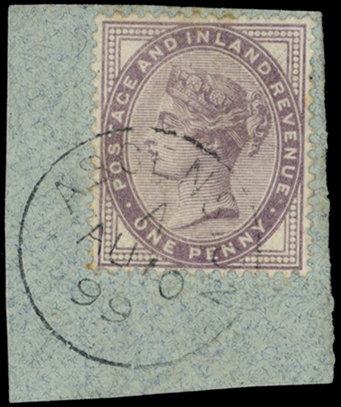 1881 1d lilac tied to blue paper piece...