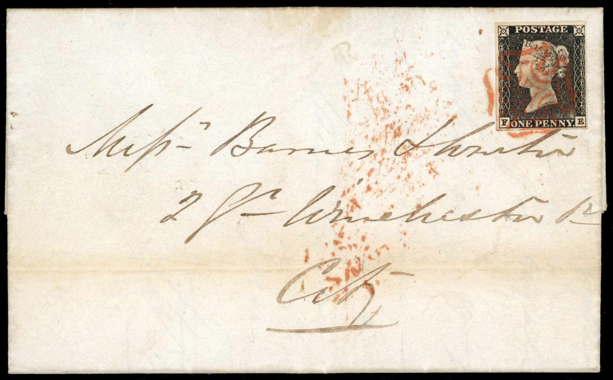 GB: 1840 1d black, Plate 1a (FE), close to large margins, tied by neat orange red Maltese Cross to entire letter