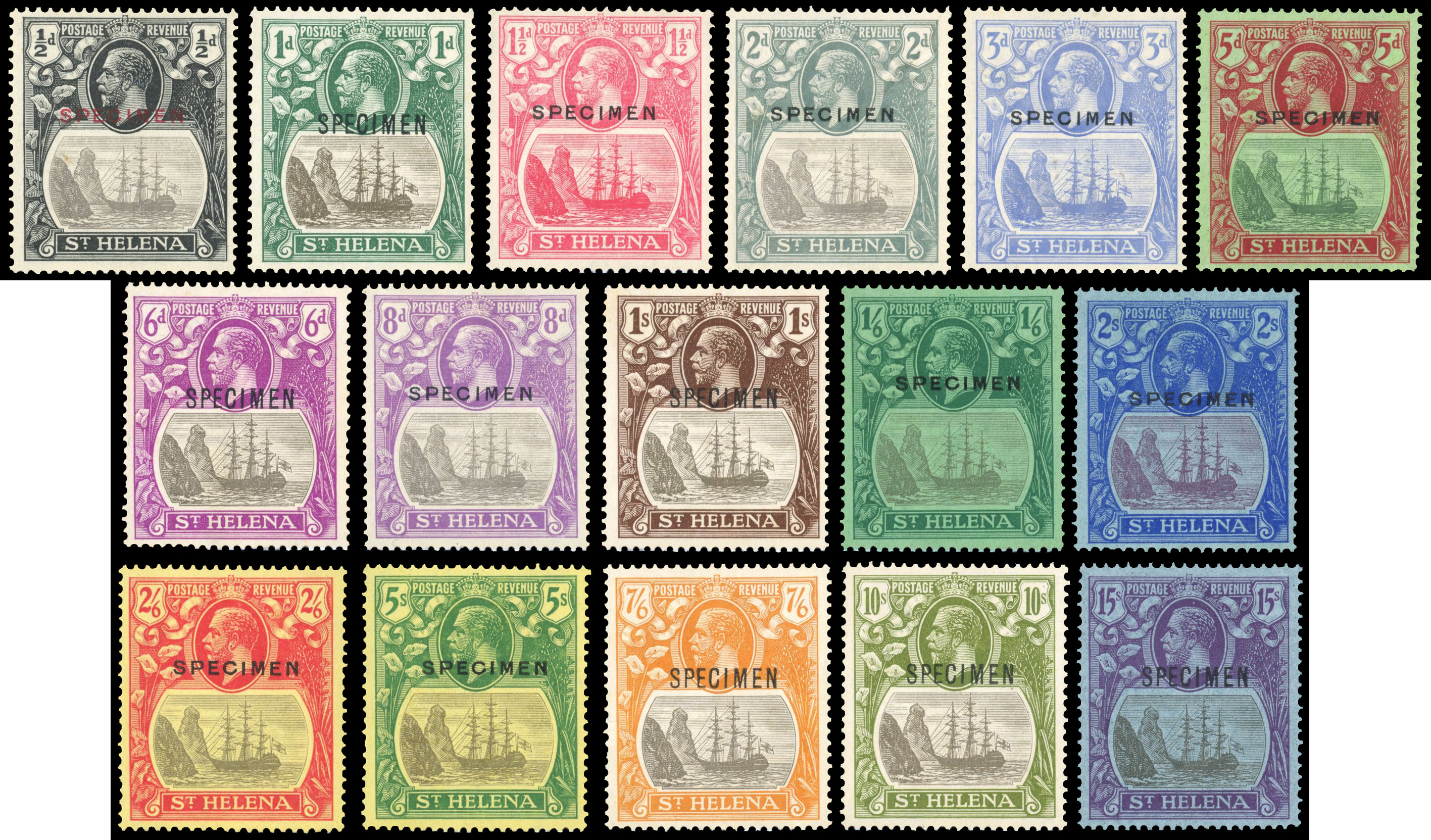 St Helena SG 97s-113s 1922-37 Script watermark Specimen se