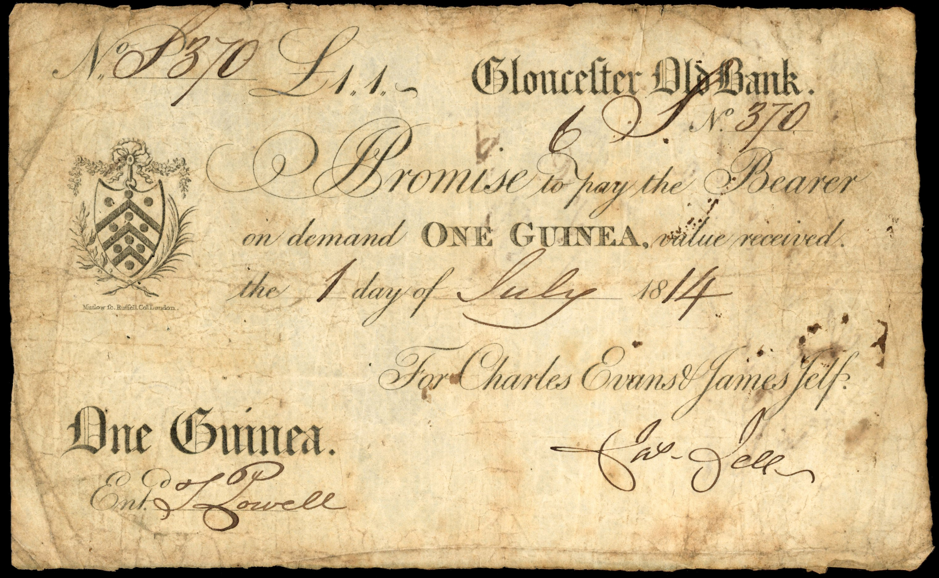 GLOUCESTER, Gloucester Old Bank, for Charles Evans & James Jelf, 1 Guinea, 17 July 1814, serial number 370, Ja…