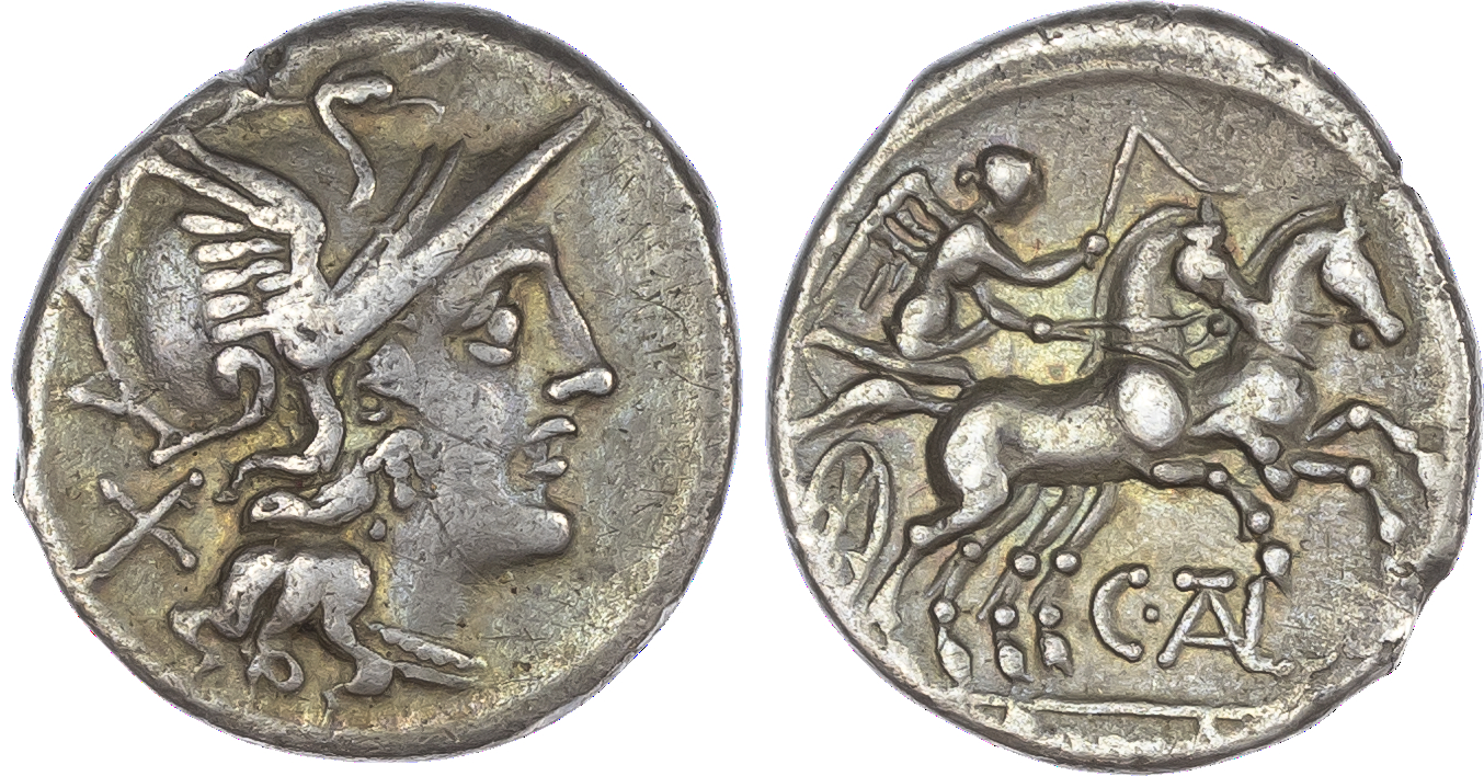 M. Iuventius Thalna (154 BC) AR Denarius, Rome, 3.51g. Helmeted head of Roma facing right, X (mark of value) behind. Rev.