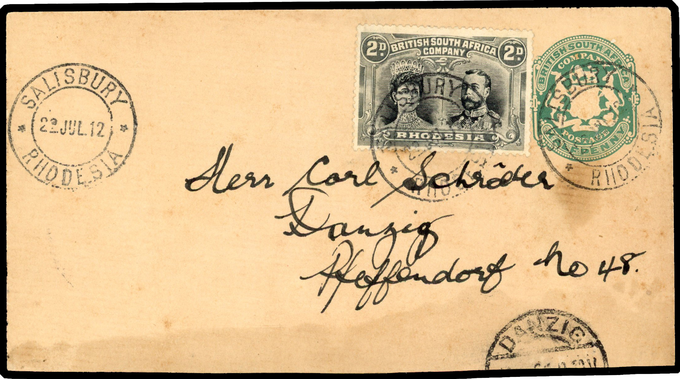 Rhodesia 1912 ½d green postal stationery envelope used from Salisbury to Danzig