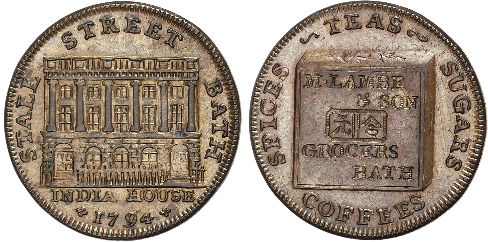 Som. Bath , Mary Lambe & Son Farthing 1794, View of India House, rev. Chinese tea bale, edge rounded plain, 23.5mm/4.38g …