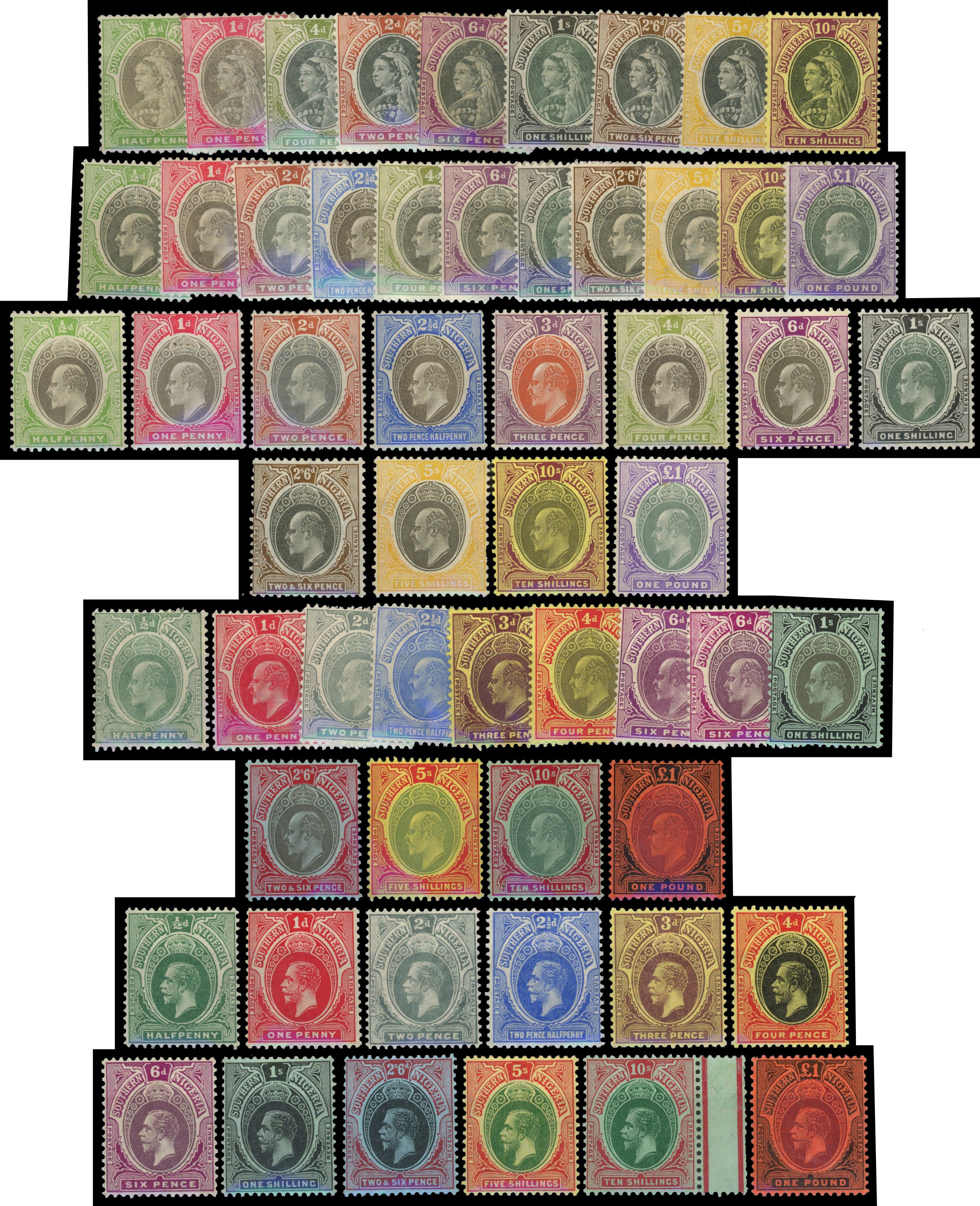Southern Nigeria mint on card including 1900 to 10s, 1903 to £1, 1904 to £1, 1907 to £1, 1912 to £1. mainly fine o.g. (57)