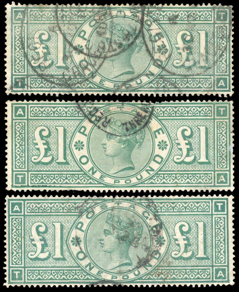 1890 £1 Green Pl.2 & 3 (TA). Group of three examples lettered TA showing "broken frame"