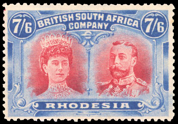 Rhodesia 1910-13 7s6d carmine and bright blue perf 14