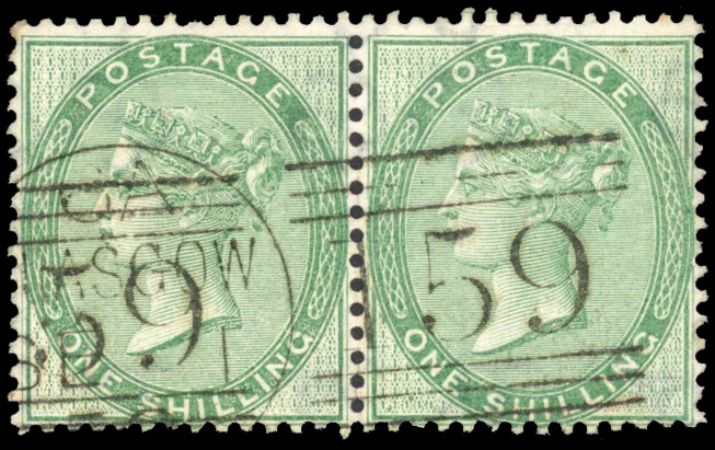 1857, Emblems, 1s green, horizontal pair, lightly cancelled