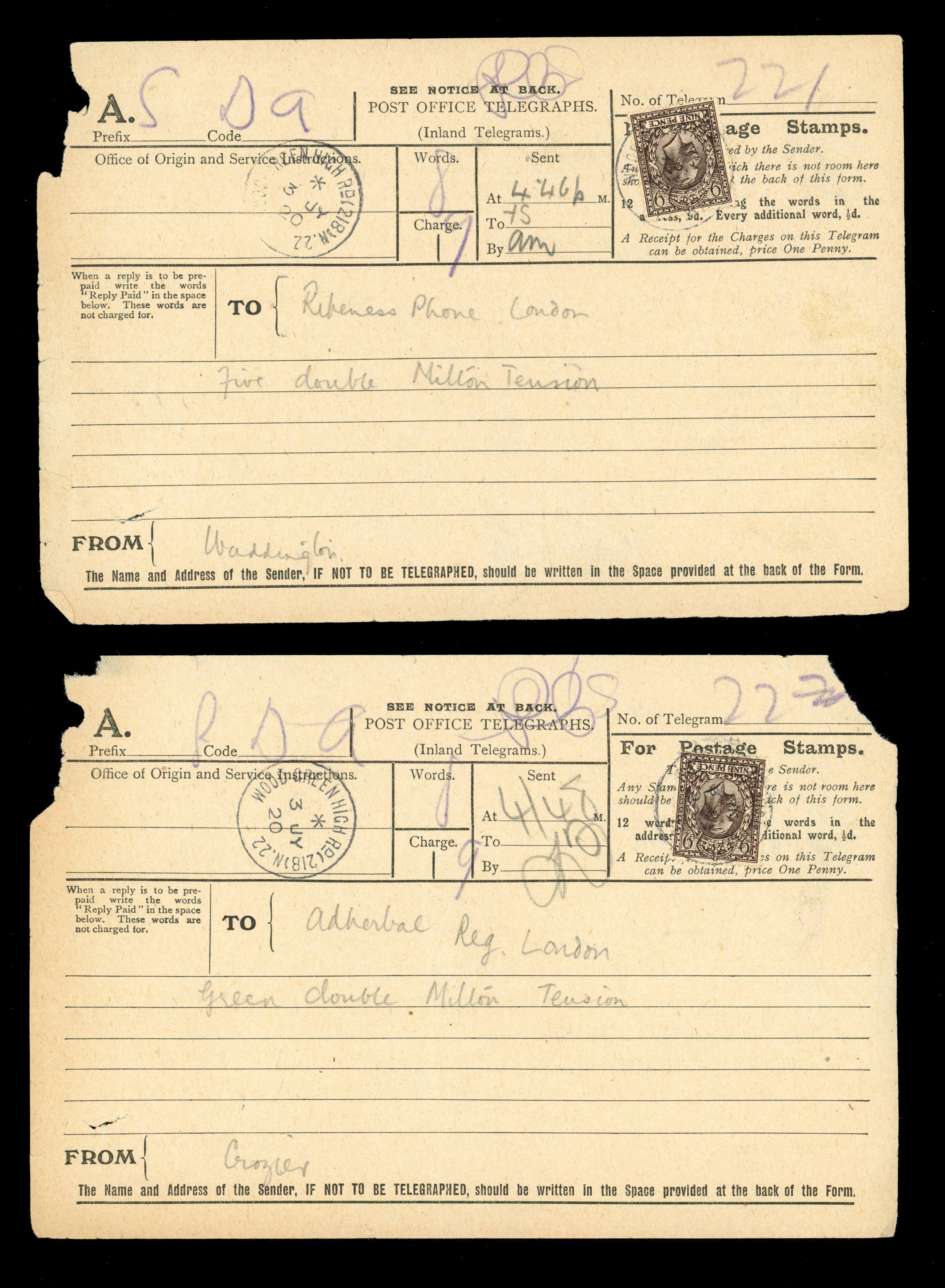 GB TELEGRAPHS: 1920-25 eighteen forms all bearing a range of frankings of the profile head all tied by neat cds