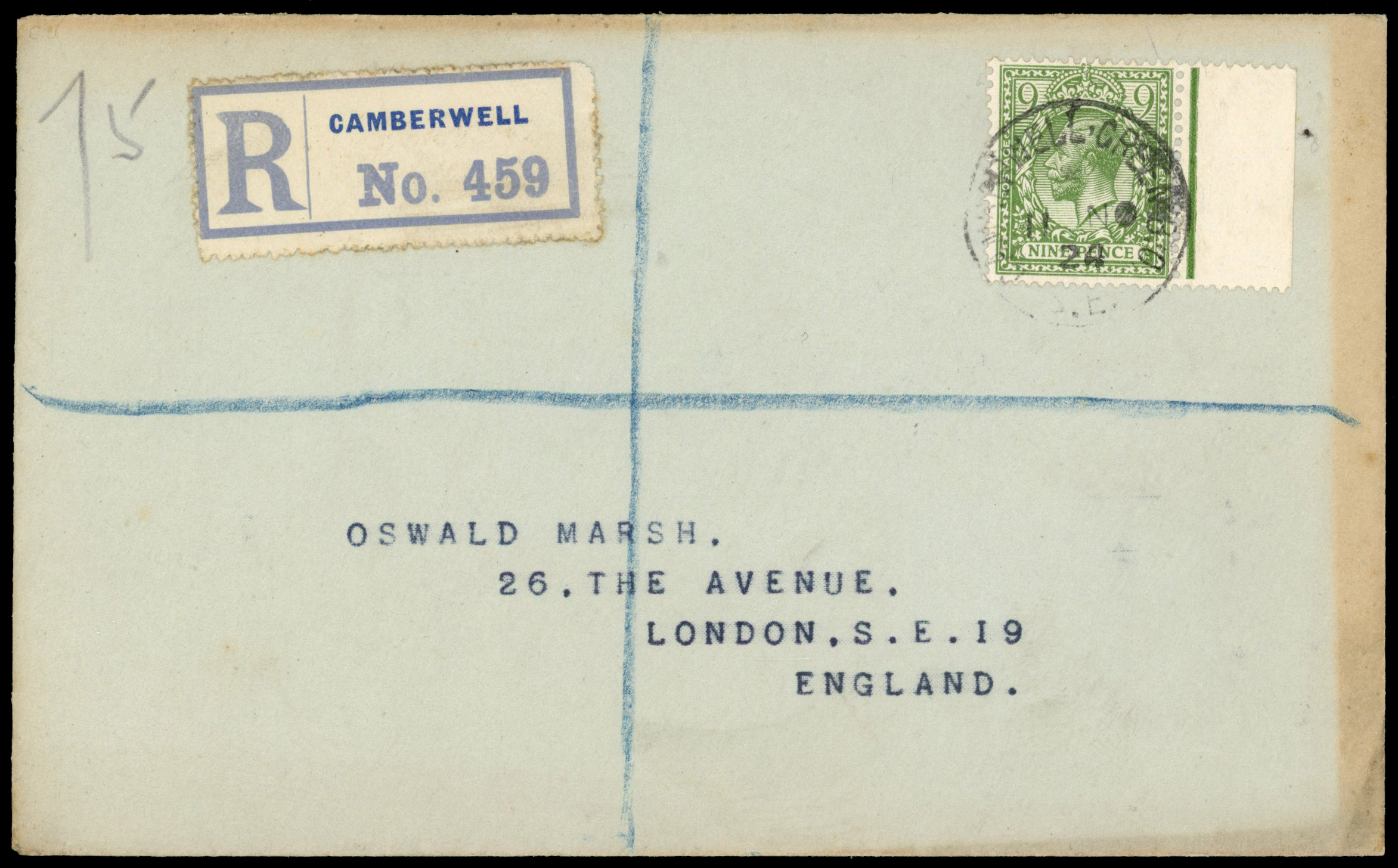 1924 9d Olive-green (Wmk. Block Cypher). Very fine 'Marsh' registered FDC