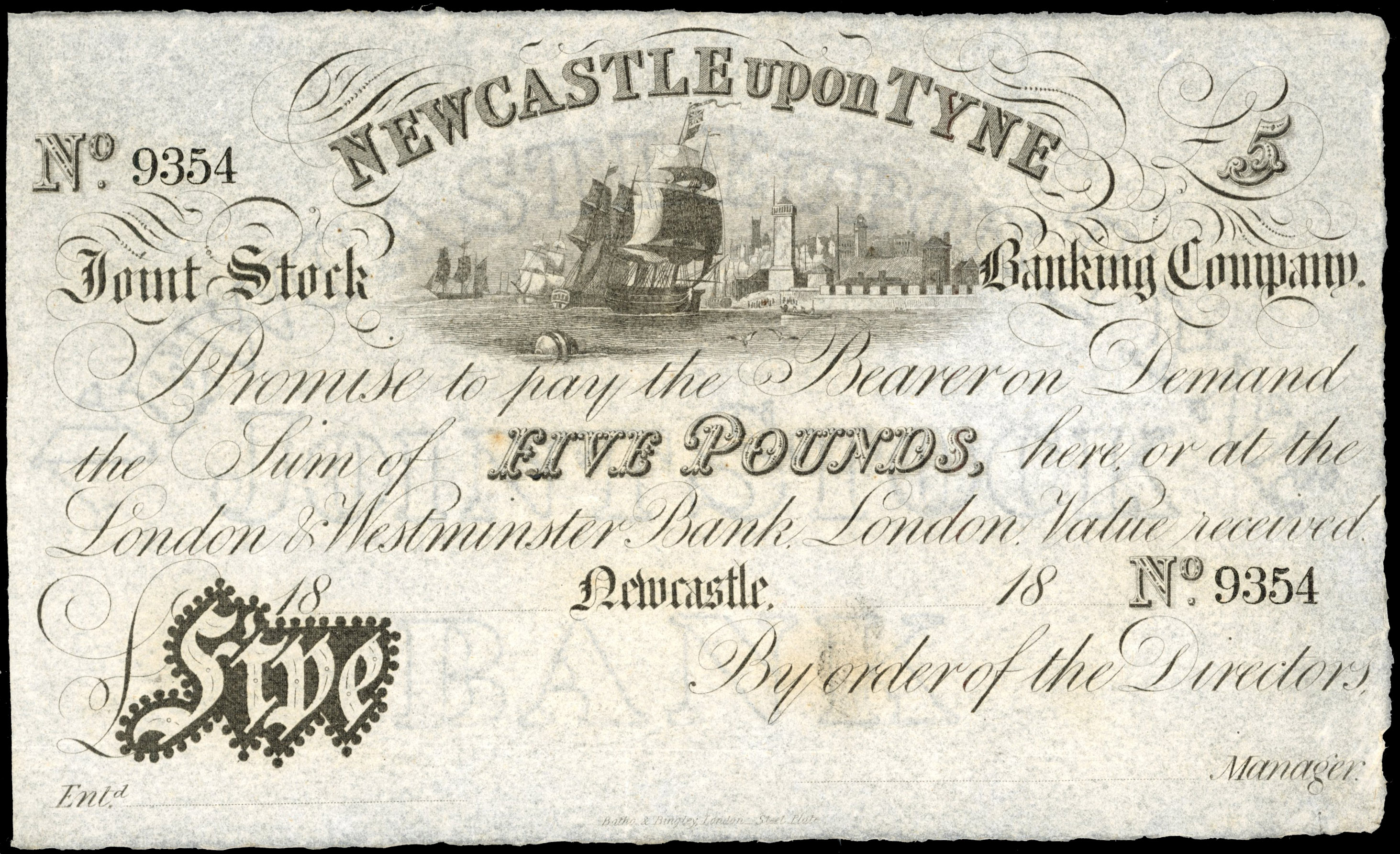 NEWCASTLE-UPON-TYNE, Joint Stock Banking Co, for The Directors, PROOF £5.,undated but 1883, serial number 9354…
