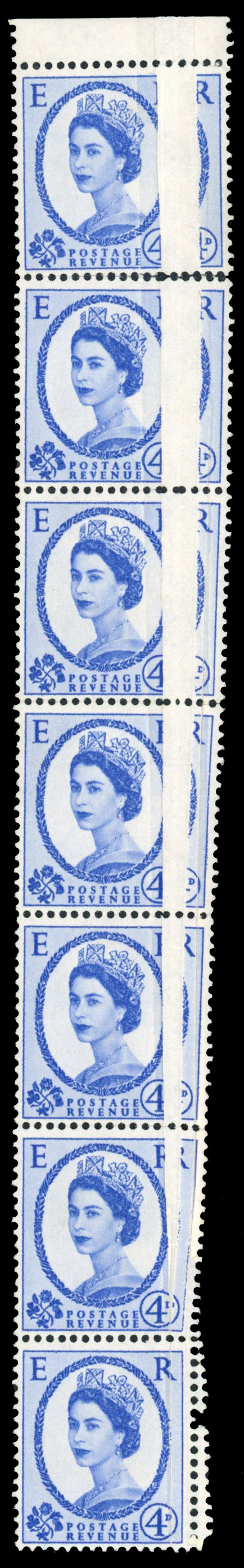 GB: 1958-61 Crowns, whiter paper, 4d deep ultramarine, mint marginal vertical strip of seven showing dramatic concertina flaw