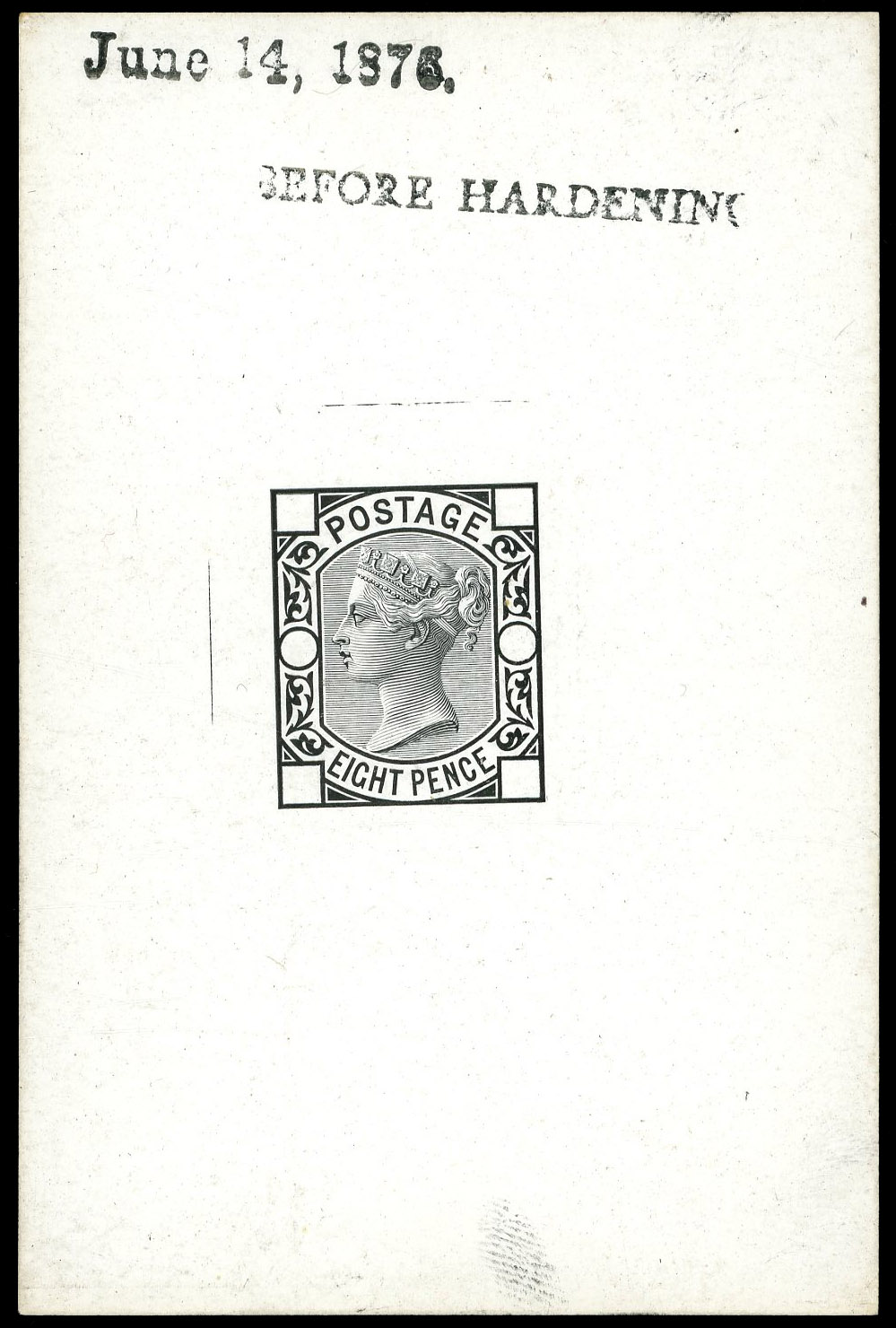 1876 8d Die proof. Very fine example printed in black on white glazed card (61x92mm) with cleared corner squares and pla…
