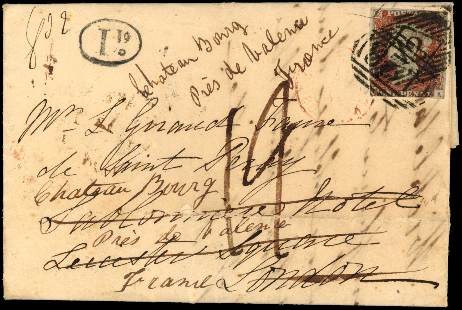 GB SG 8 1844 cover to London re-addressed to France