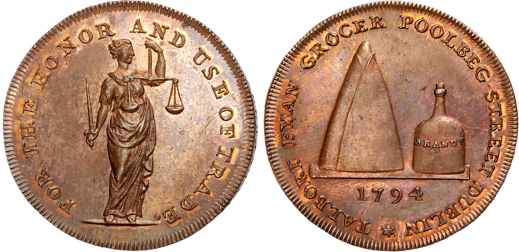 Co. Dub. Dublin , Alexander Cornwell Halfpenny 1795, Bust of Cornwell, rev. FOR TRADE ON SHIELD , edge plain. 29.3mm/9.7 …