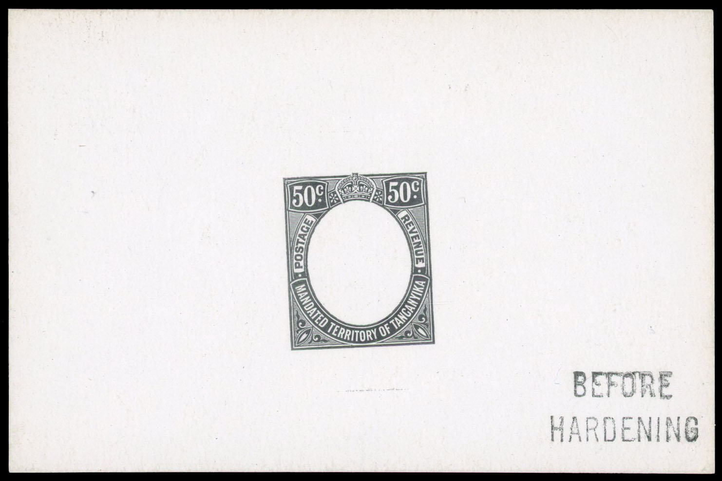 1927-31 50c De La Rue frame die proof in black on glazed card, undated, endorsed “BEFORE HARDENING” in black.