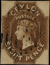 1857-9 8d brown with four clear to good margins, light barred cancel, fine. SG 7,...