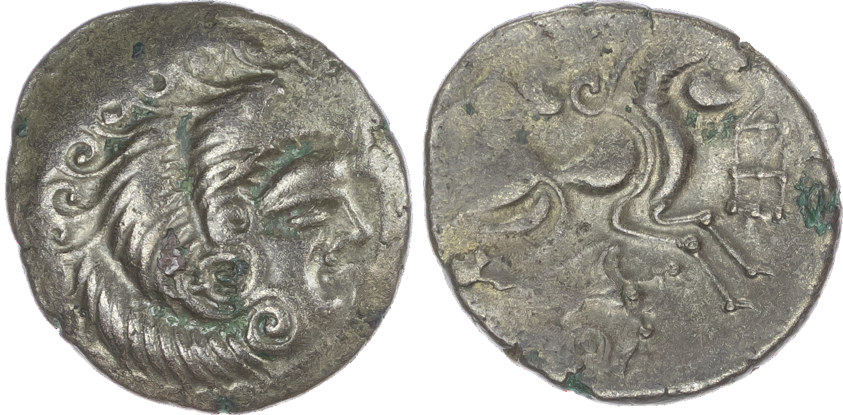 North West Gaul, Coriosolites (c. 100-50 BC) BI Stater, 6.51g. Stylised male head right, hair of large spiral curls. Rev.