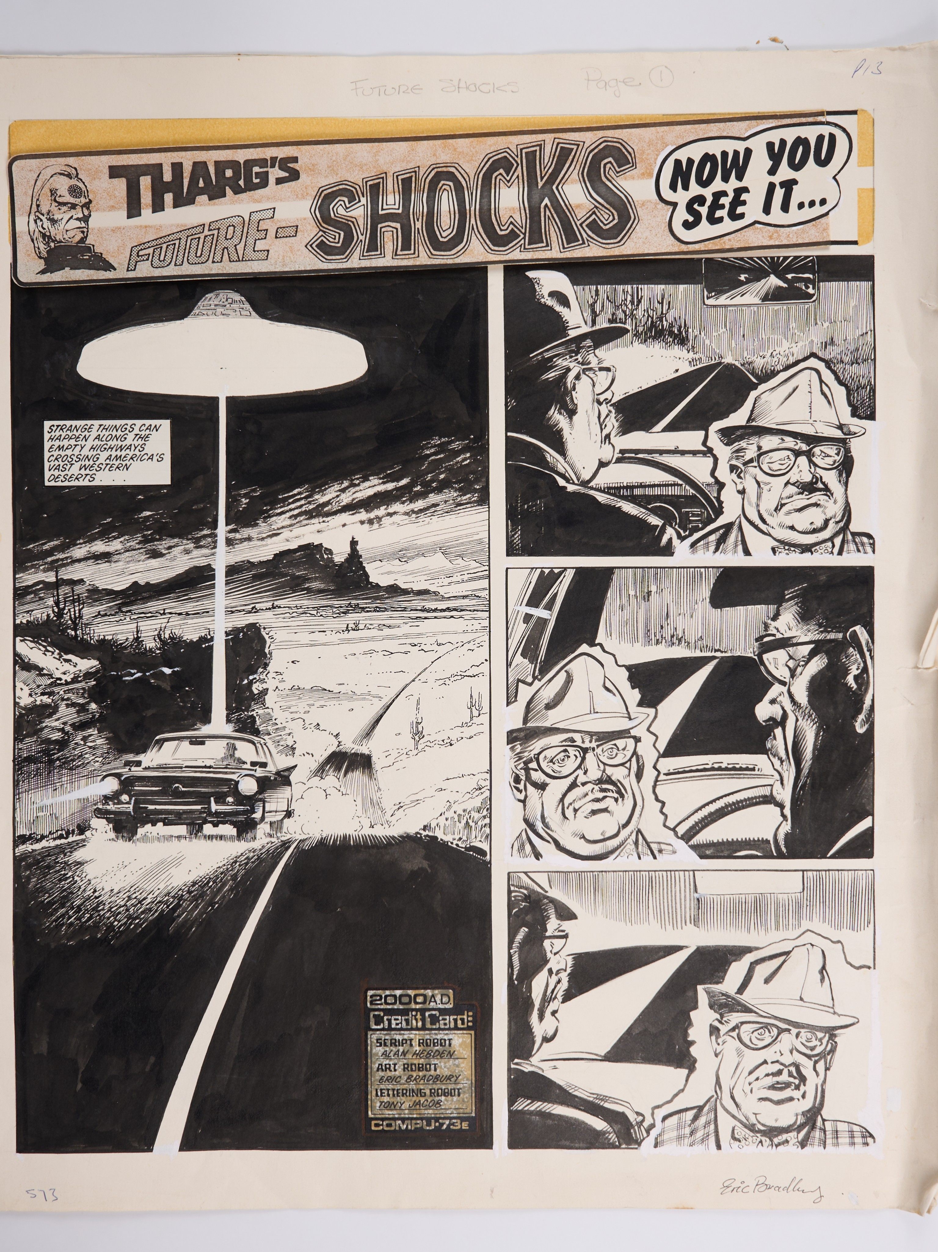 Eric Bradbury Alan Hebden 2000 AD Prog #251 Tharg's Future Shocks Now you See It Ink Pages (Rebellion, 1982) Total 3