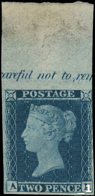 GB: 1855 2d blue plate 5 (AK) four margin (close at right), top marginal imperforate imprimatur