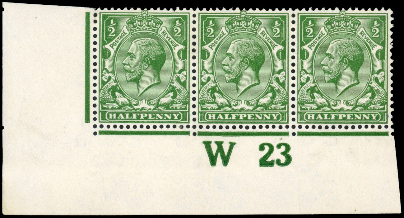 GB 1912-24 ½d deep cobalt-green, mint large part o.g. control W23 strip
