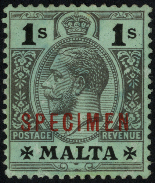 1915 1/-black on green (green back) overprinted SPECIMEN Type D12, redistributed o.g. SG 81as, cat...