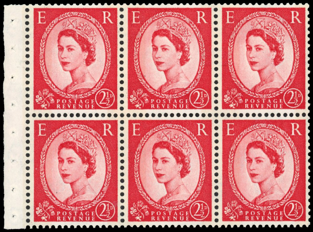GB: 1961 Crowns, cream paper, 2½d carmine-red, two 8mm phosphor bands reacting blue, booklet pane of six watermark inverted