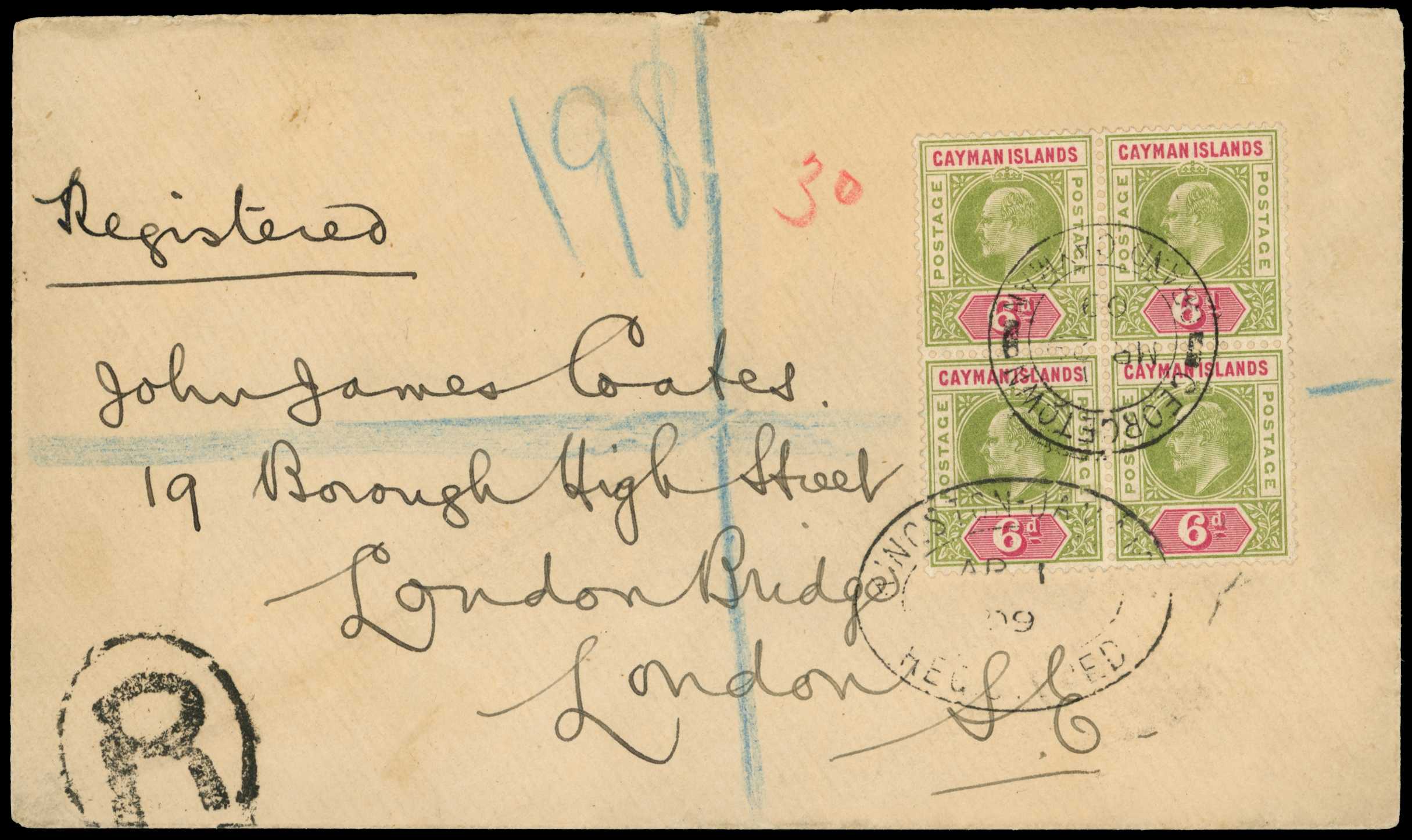 1909 Registered cover to London with a block...