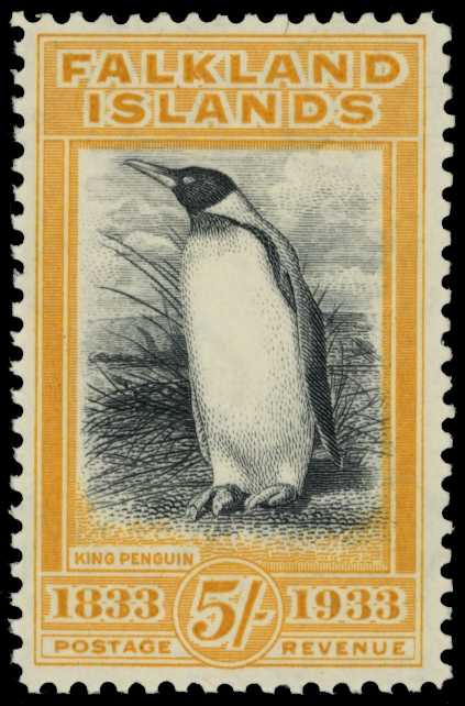 1933 Centenary 5/- black and yellow-orange ''King Penguin'', brilliant o.g; with the barest trace of hinging, a very fresh...