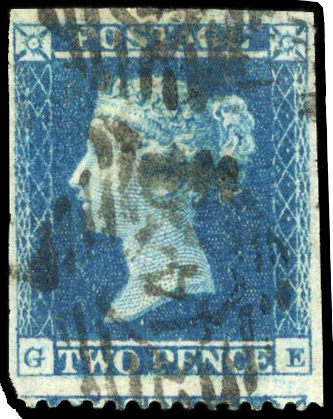1855 2d Blue Pl.4 (SG23 Die I, Alphabet I, Wmk. Small Crown, Perf.14). Used example partially perforated