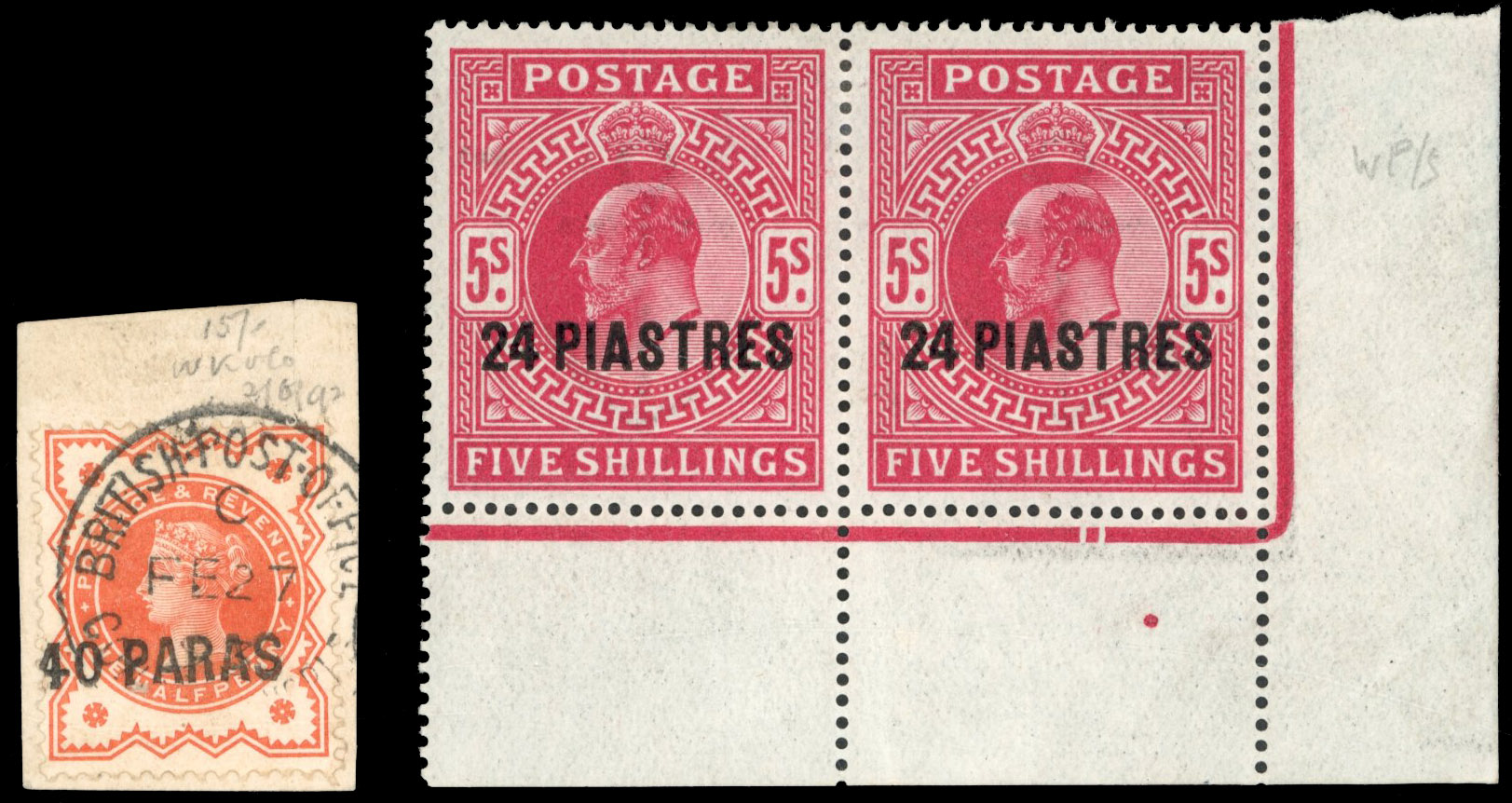 British Levant 1893 40pa on ½d vermilion used and 1911-13 24pi on 5s carmine mint pair