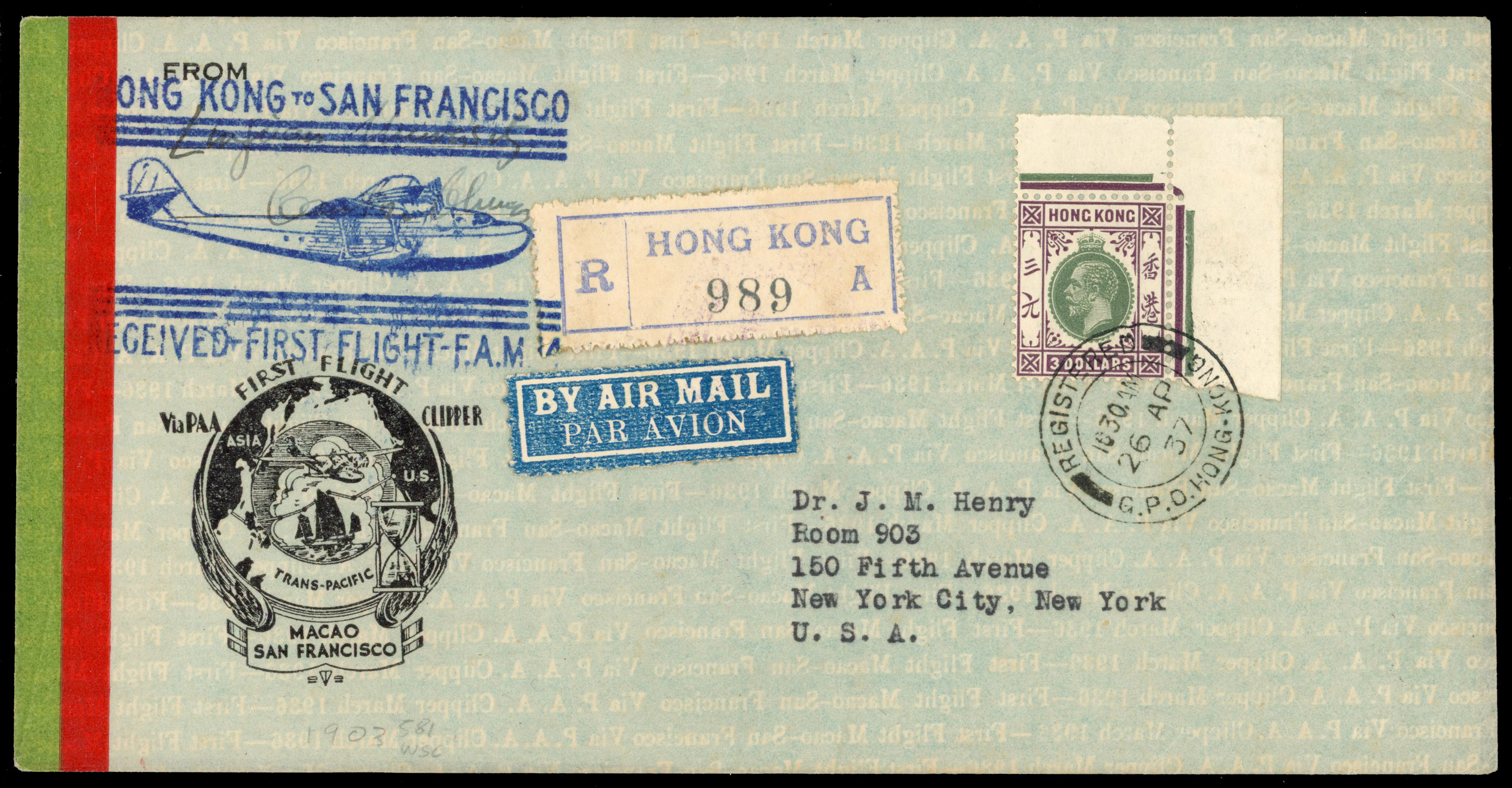 Hong Kong 1937 (26 Apr) illustrated PAA First Flight printed envelope