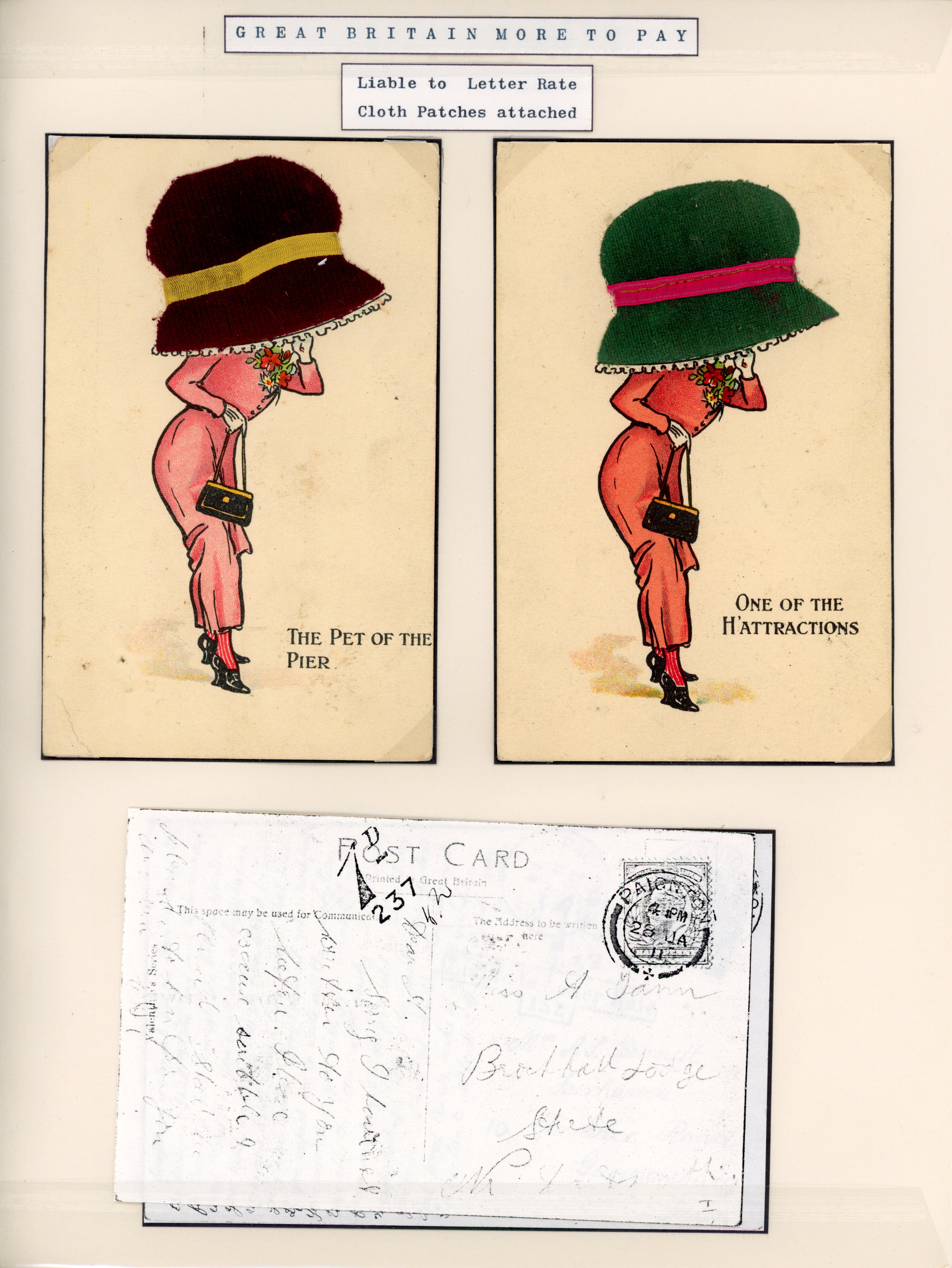 Great Britain 1911-14 pair of novelty postcards with cloth patches attached