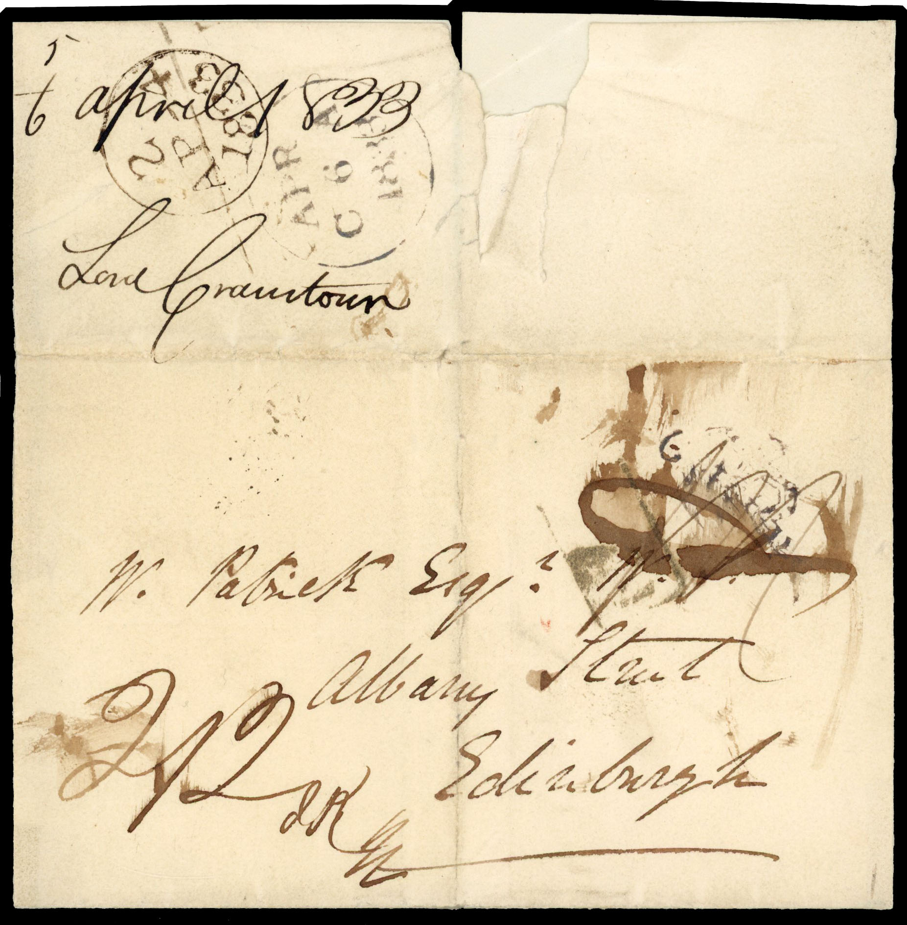 1833 pre-stamp wrapper sent from London to Edinburgh Reverse S code datestamp